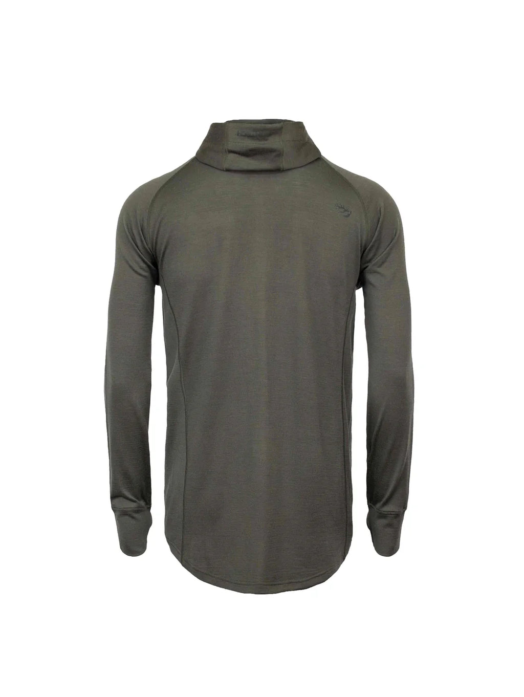 Back view of men’s premium merino hoodie in moisture-wicking, antibacterial merino wool. The hoodie is constructed using cover-stitching along panel seams, and has thumb hole cuffs. Ships from Australia. Shown in dark olive green.