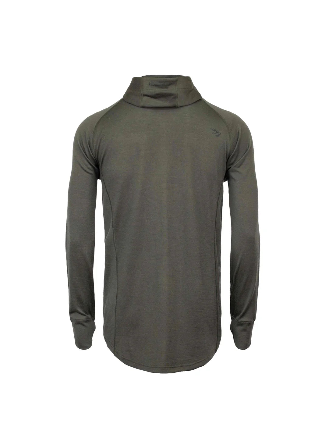 Back view of men’s premium merino hoodie in moisture-wicking, antibacterial merino wool. The hoodie is constructed using cover-stitching along panel seams, and has thumb hole cuffs. Ships from Australia. Shown in dark olive green.