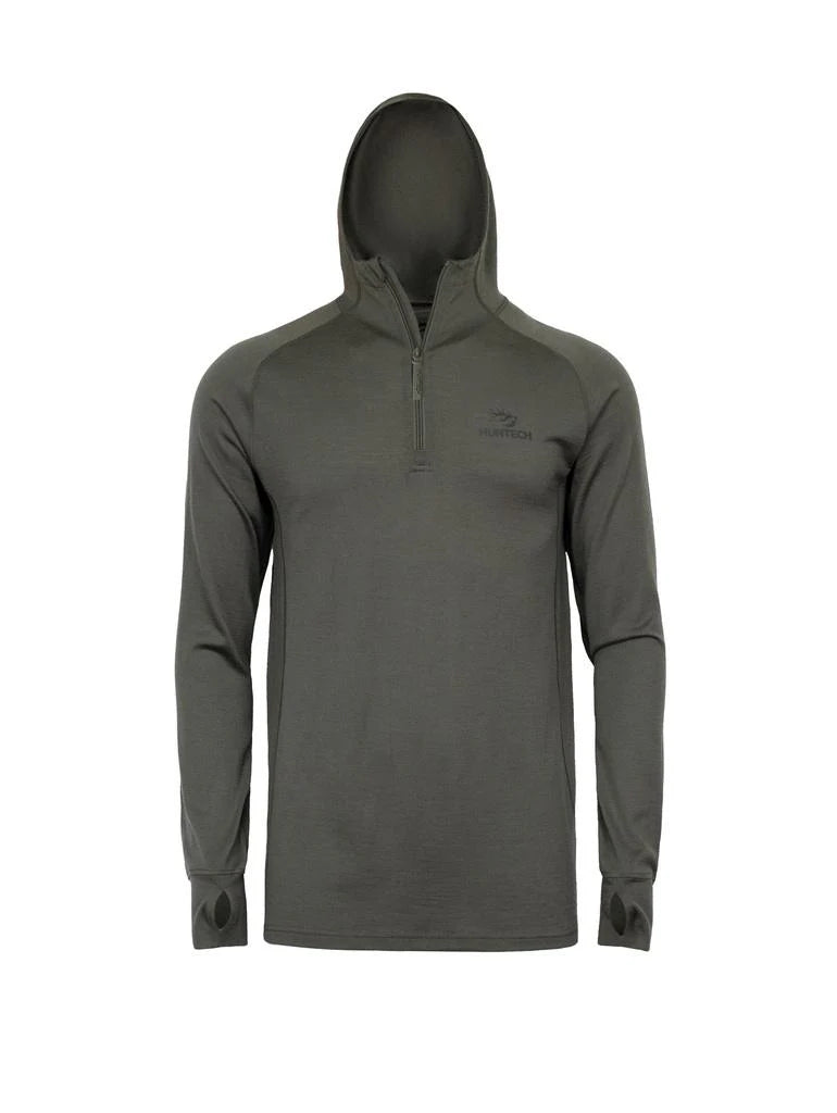 Front view of men’s premium merino hoodie with hood up in moisture-wicking, antibacterial merino wool. The hoodie is constructed using cover-stitching along panel seams, has a panelled hood, zip neck closing and has thumb hole cuffs. Ships from Australia. Shown in dark olive green.