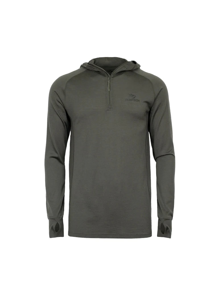Front view of men’s premium merino hoodie in moisture-wicking, antibacterial merino wool. The hoodie is constructed using cover-stitching along panel seams, has a panelled hood, zip neck closing and has thumb hole cuffs. Ships from Australia. Shown in dark olive green.
