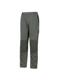 Three quarters front view of men’s three-season hunting pants in customized flexible cotton with oxford polyester knee and dry seat panels. They come with thigh high side zips, and side pockets. Ships from Australia and shown here olive with Huntech logo in bright yellow mid-thigh on the left side.