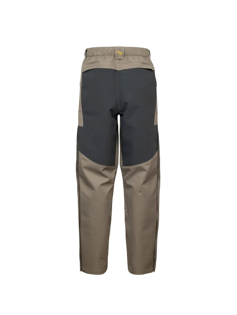 Back view of waterproof, men’s pants with Oxford dry seat and Huntech stags head logo shown in bright yellow on the centre back waistband. Ships from Australia and shown here in sand.