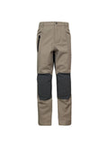 Front view of waterproof, front zip, men’s pants with full side zips for dumping heat, an Oxford knee with removable knee pads and seam-sealed zips on pockets. Ships from Australia and shown here in sand.
