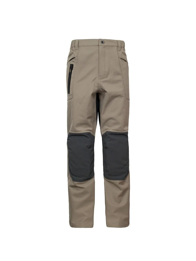 Front view of waterproof, front zip, men’s pants with full side zips for dumping heat, an Oxford knee with removable knee pads and seam-sealed zips on pockets. Ships from Australia and shown here in sand.
