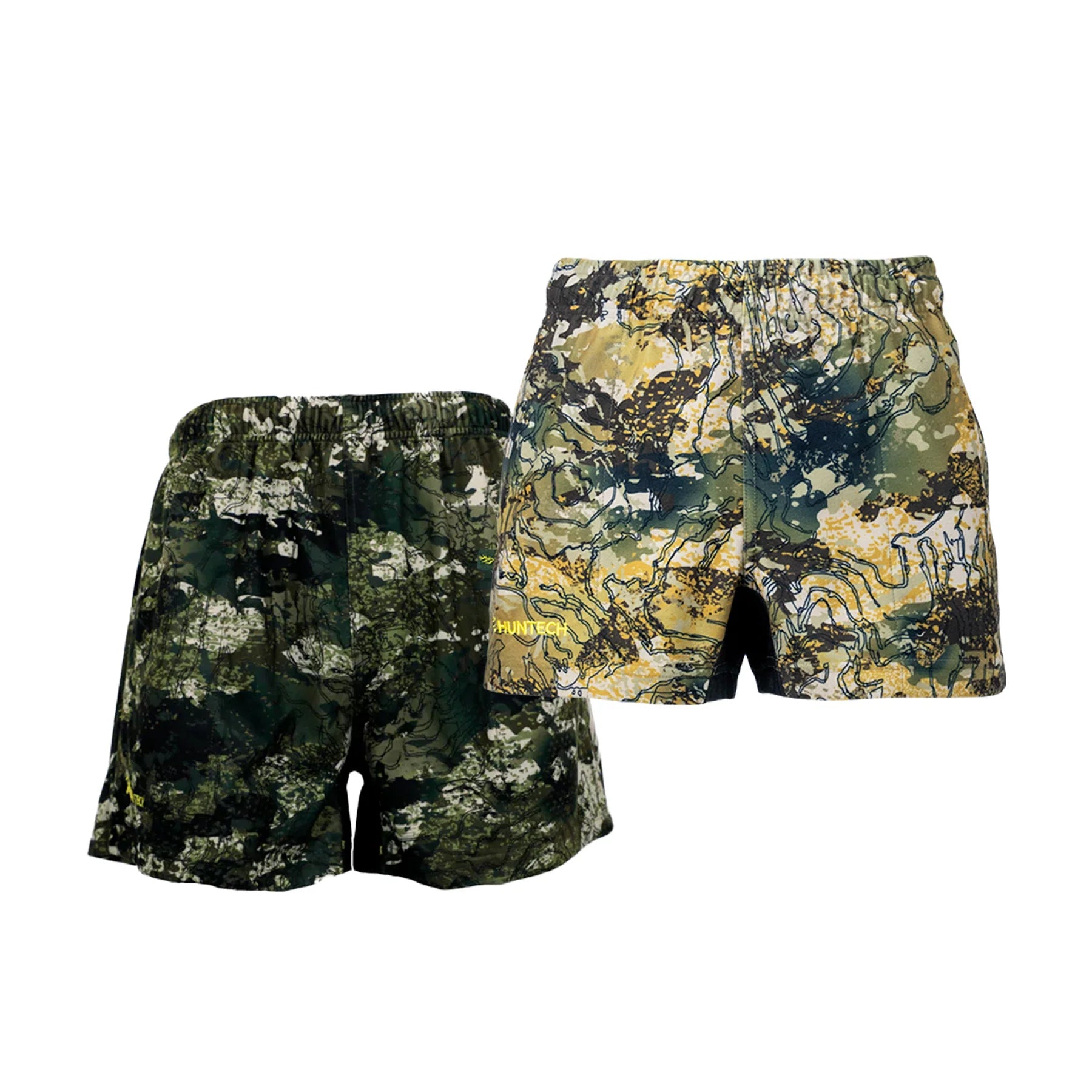 Two pair of kids Rugaz Shorts on each in Kakariki and high country camouflage pattern in a durable two-way brushed MicroLite fabric for water repellent lightweight comfort. Featuring a flexible spandex crutch panel, internal drawcord and elastic waist, they also have deep side pockets and an inner leg gusset. They ship from Australia.