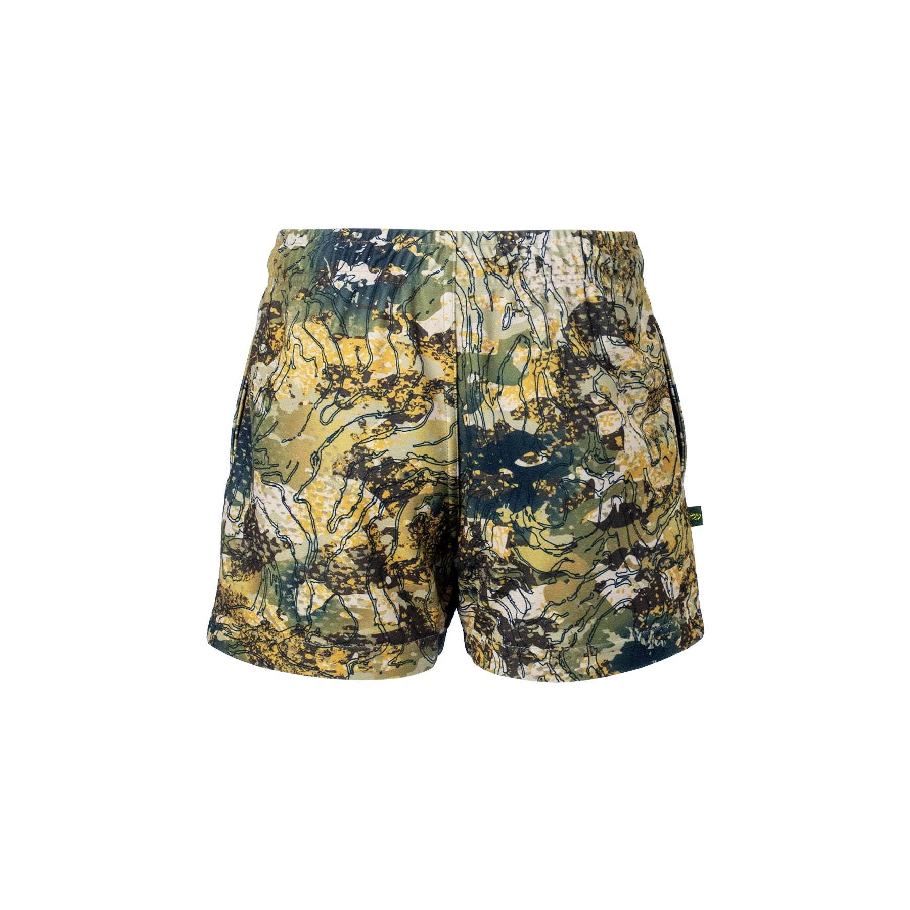 Rear image of Kids Rugaz Shorts in a high country camouflage pattern in a durable two-way brushed MicroLite fabric for water repellent lightweight comfort. Featuring a flexible spandex crutch panel, internal drawcord and elastic waist, they also have deep side pockets and an inner leg gusset. They ship from Australia.