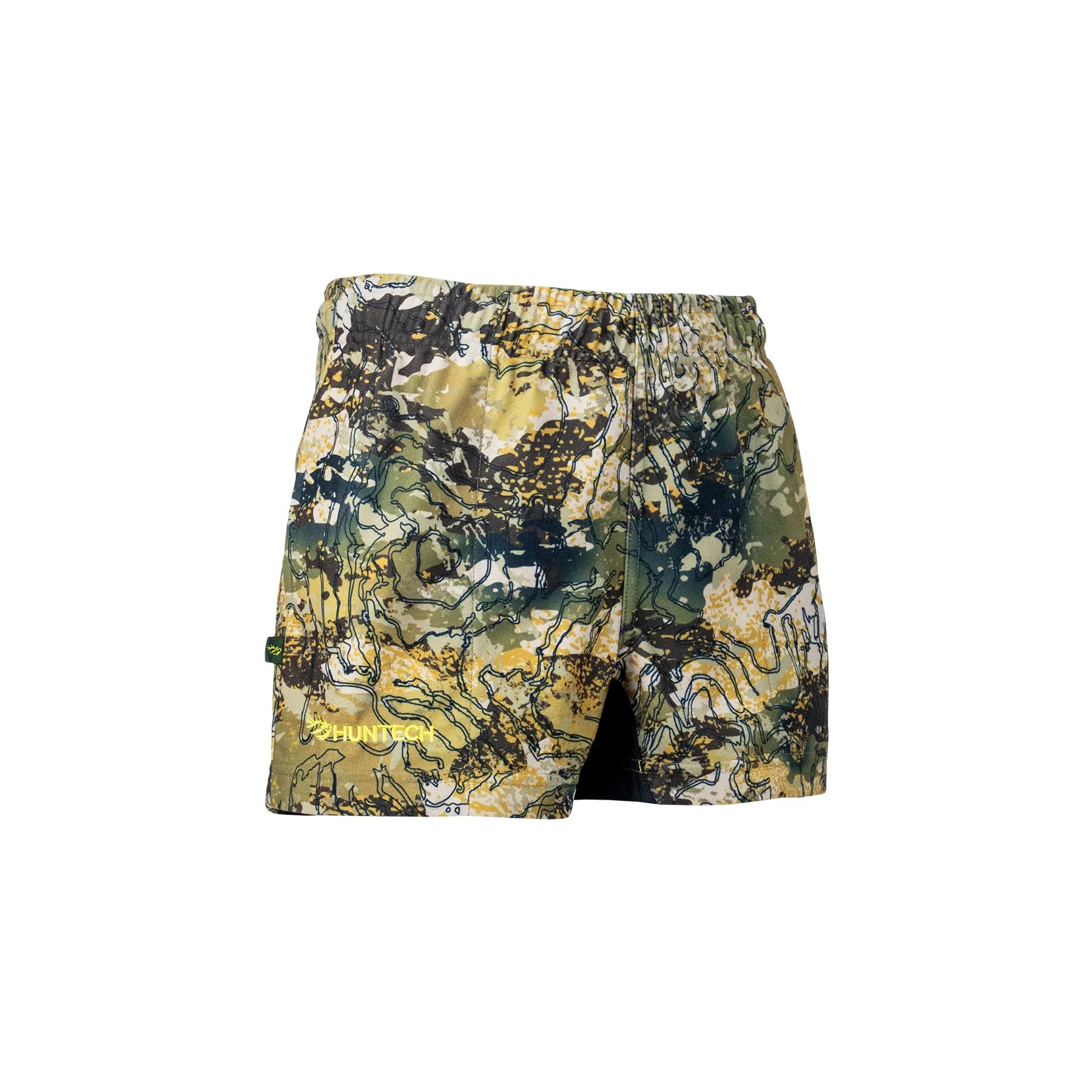 Three quarter image of Kids Rugaz Shorts in a high country camouflage pattern in a durable two-way brushed MicroLite fabric for water repellent lightweight comfort. Featuring a flexible spandex crutch panel, internal drawcord and elastic waist, they also have deep side pockets and an inner leg gusset. They ship from Australia.