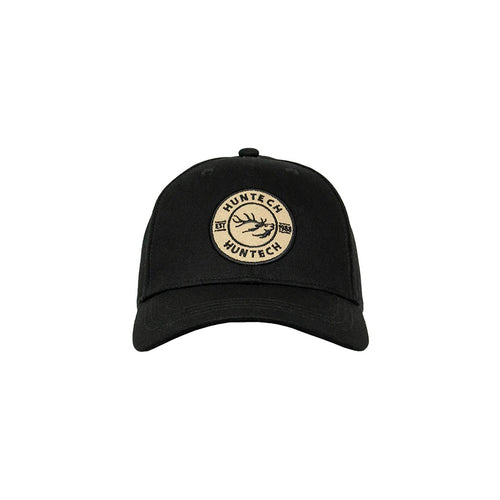 A black cap with an embroidered cream Huntech badge on the front, featuring a mid-profile fit with a curved peak.