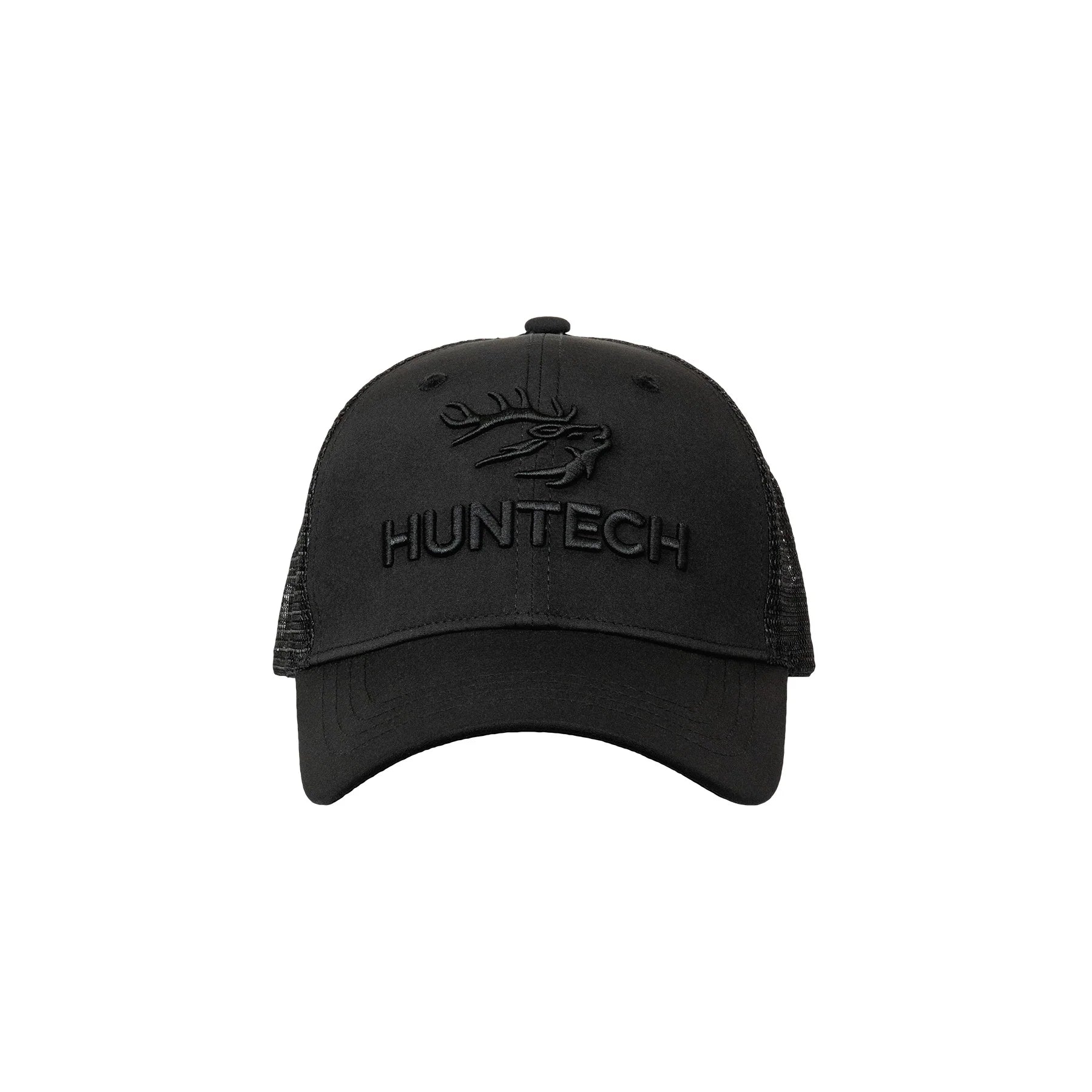 Five panel truckers cap in black with a subtle black 3D raised embroidered Huntech logo on the front and an adjustable snap back strap. Ships from Australia.