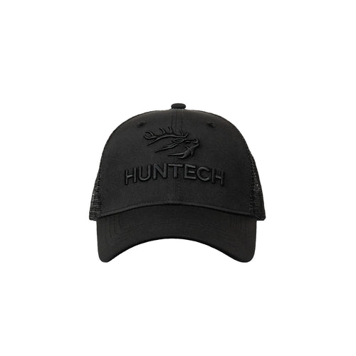 Five panel truckers cap in black with a subtle black 3D raised embroidered Huntech logo on the front and an adjustable snap back strap. Ships from Australia.