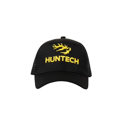 Five panel truckers cap in black with a bold yellow 3D raised embroidered Huntech logo on the front and an adjustable snap back strap. Ships from Australia.