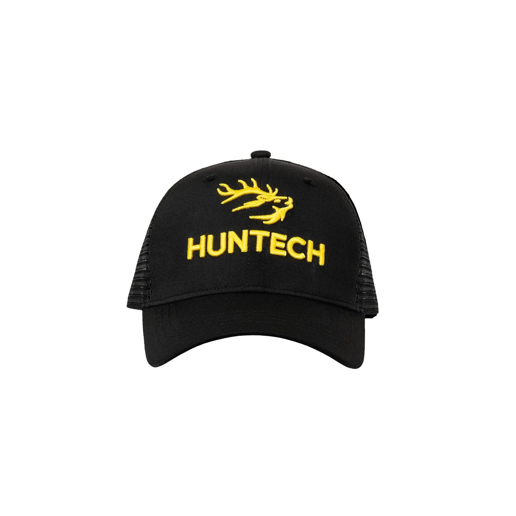 Kids five panel truckers cap in black with a bold yellow 3D raised embroidered Huntech logo on the front and an adjustable snap back strap. Ships from Australia.