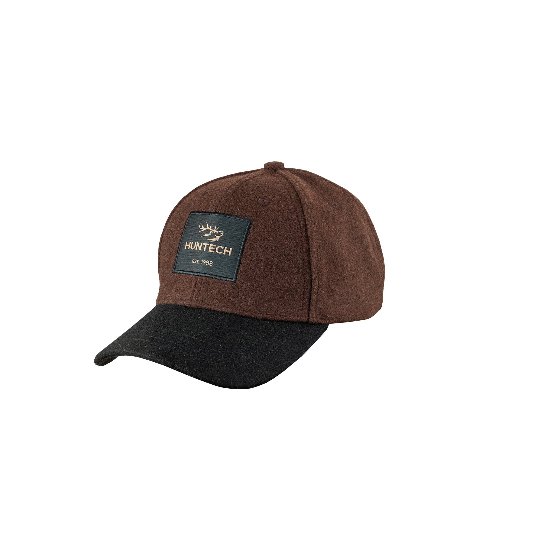Three quarter front view of six panel, worsted wool felt cap with crown in brown and peak in black. Square Huntech logo on a military green background is stitched to the front of the crown. This product ships from Australia.