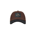 Front view of six panel, worsted wool felt cap with crown in brown and peak in black. Square Huntech logo on a military green background is stitched to the front of the crown. This product ships from Australia.
