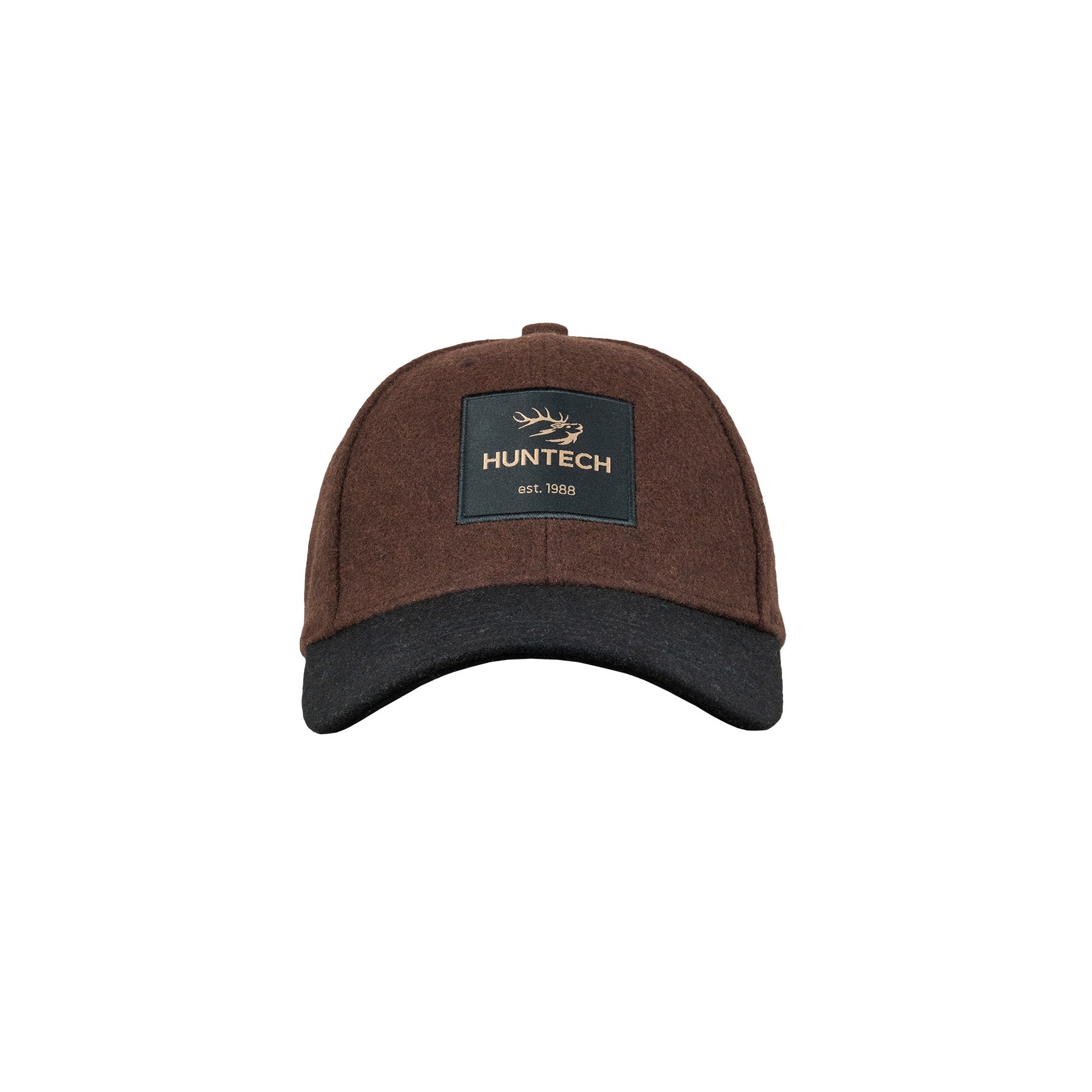 Front view of six panel, worsted wool felt cap with crown in brown and peak in black. Square Huntech logo on a military green background is stitched to the front of the crown. This product ships from Australia.