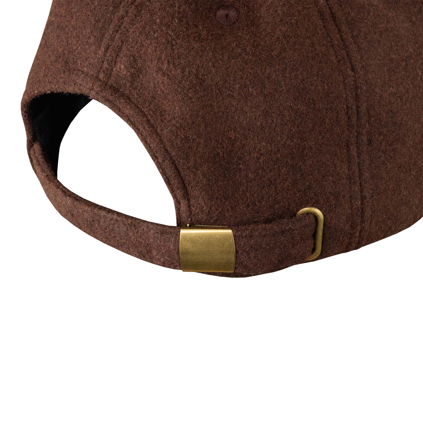 Close up of the antique brass fittings on the adjustable strap at the back of the cap.