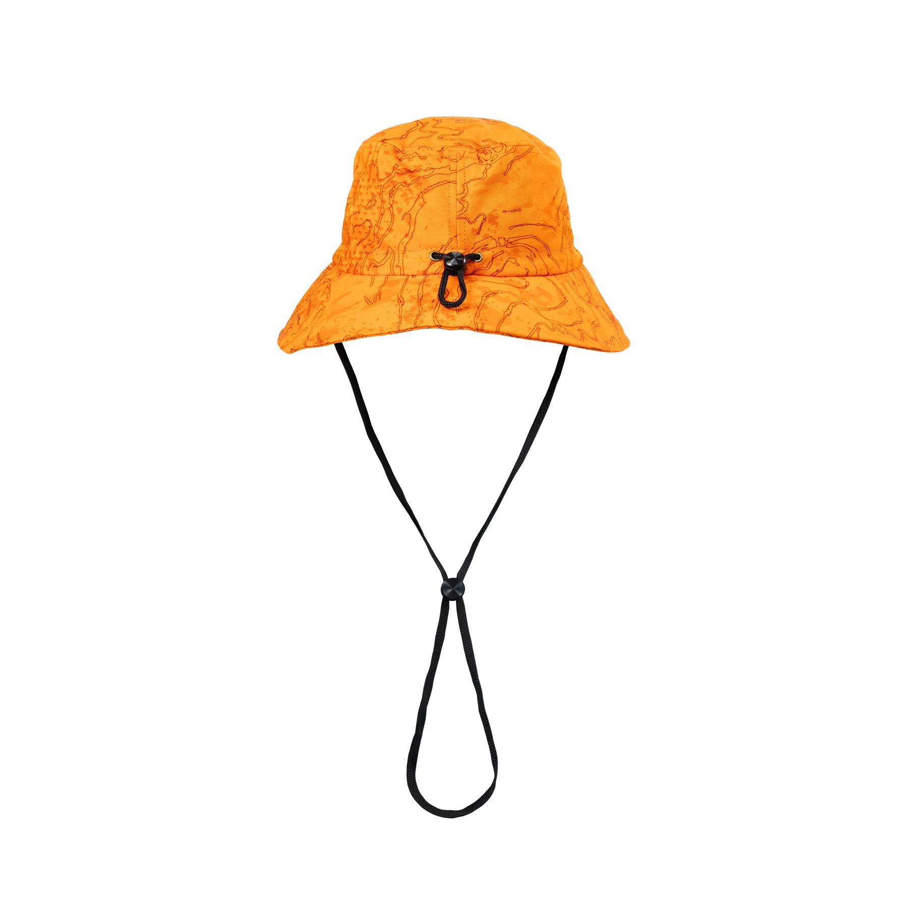 Rear view of bright orange camo bucket hat, a wide brim for excellent sun protection and a brushed tricot outer that keeps movement quiet. Comes with a reinforced water-resistant canvas lining on the brim and crown. Adjustable cord for a secure comfortable fit. Ships from Australia.