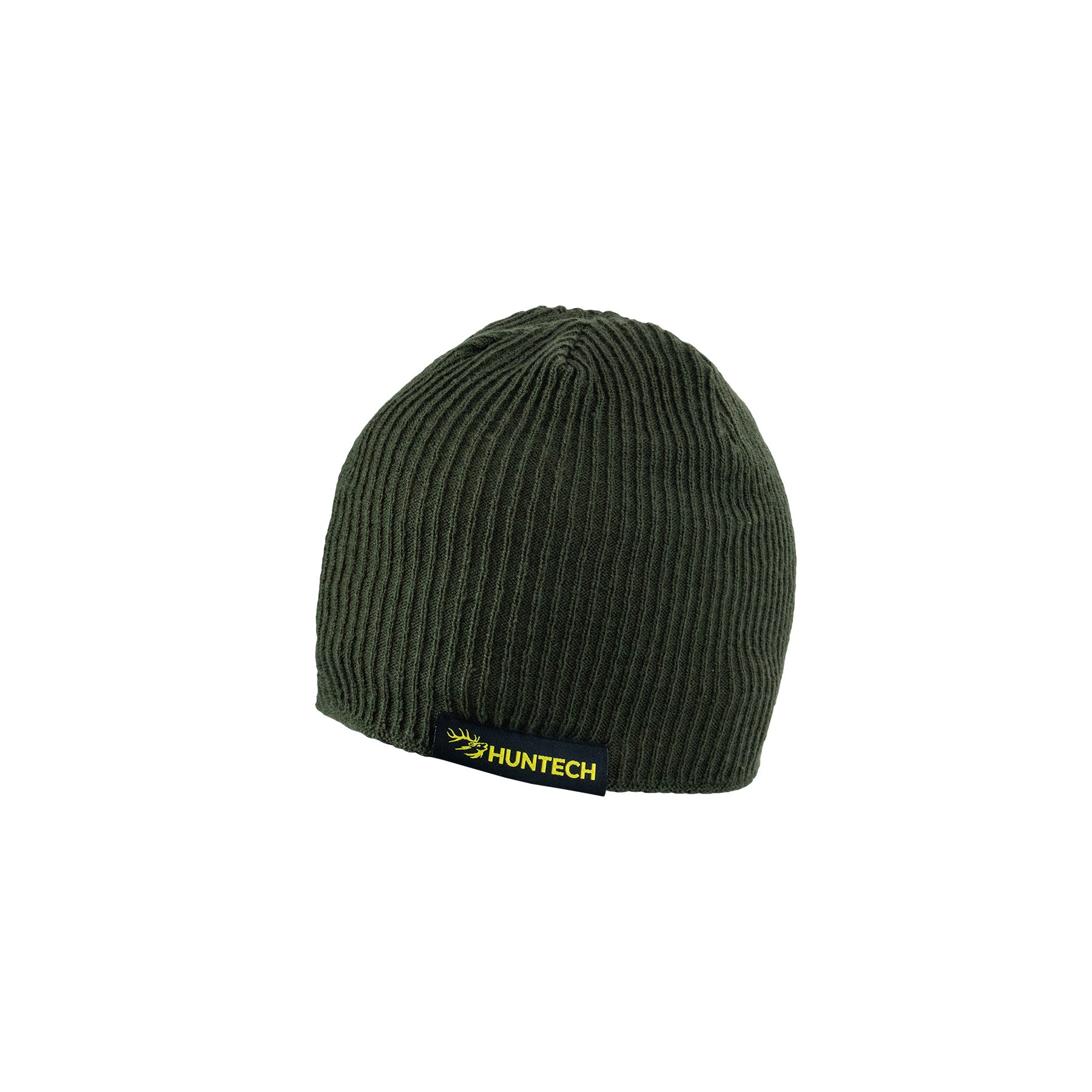 Front view of reversible, low-profile, skull cap, acrylic beanie with military green side showing. Features vertical ribbing for stretch and a black tag on the lower edge showing the Huntech logo in bright yellow. Lower edge is piped in military green. Ships from Australia.