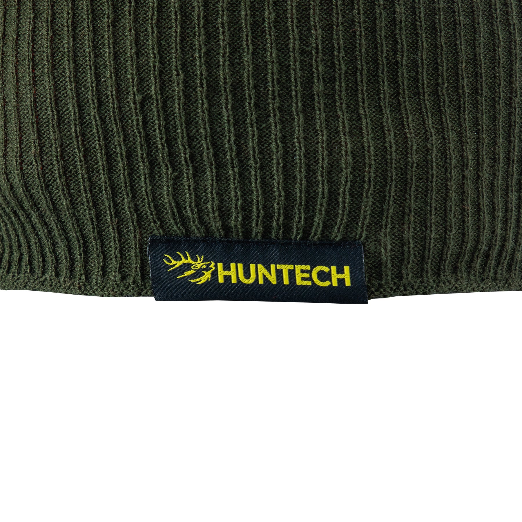 Close up of the Huntech logo in bright yellow on a black tag. Beanie is showing the military green side and has a military green lower edge.