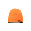 Front view of reversible, low-profile, skull cap, acrylic beanie with Blaze side showing. Features vertical ribbing for stretch and a black tag on the lower edge showing the Huntech logo in bright yellow.  Lower edge is in military green. Ships from Australia.