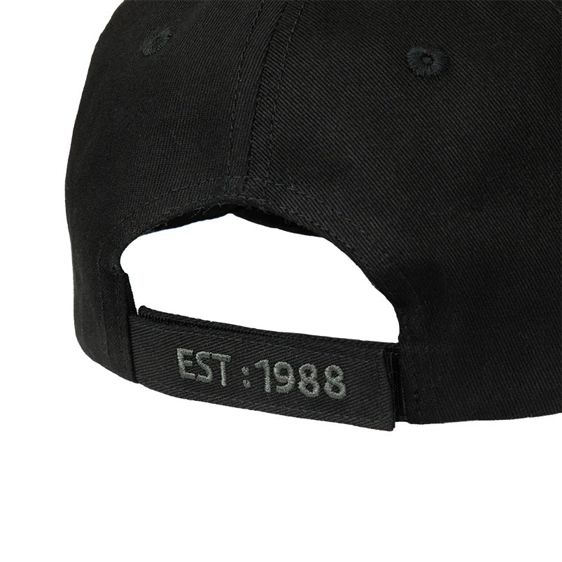 Rear view of black cap showing adjustable band with 1988 embroidered in grey on it.