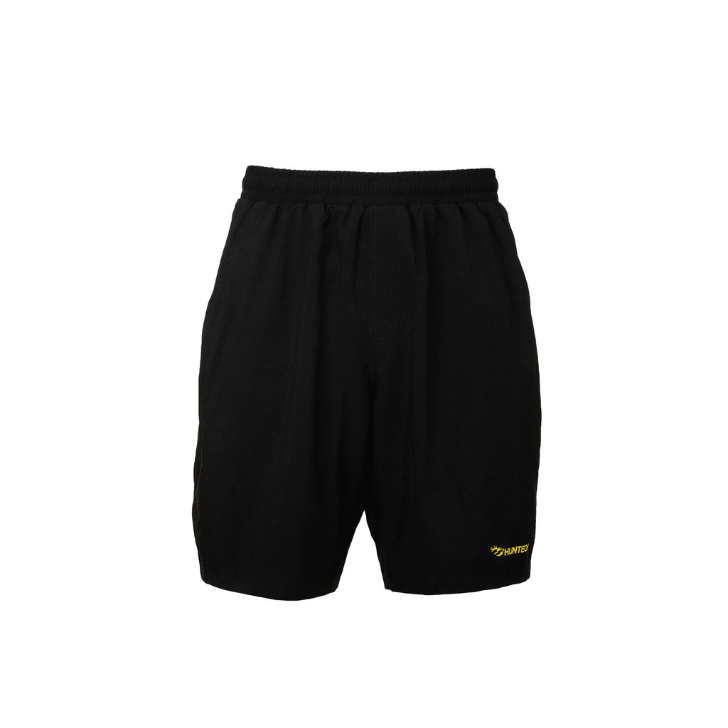 Front view of black Huntech men's active shorts, with logo at bottom, outside edge of left leg. Featuring internal shorts with a secure phone pocket, breathable side mesh panels, an elastic waistband, and an internal drawcord. Ship from Australia.