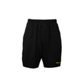 Front view of black Huntech men's active shorts, with logo at bottom, outside edge of left leg. Featuring internal shorts with a secure phone pocket, breathable side mesh panels, an elastic waistband, and an internal drawcord. Ship from Australia.