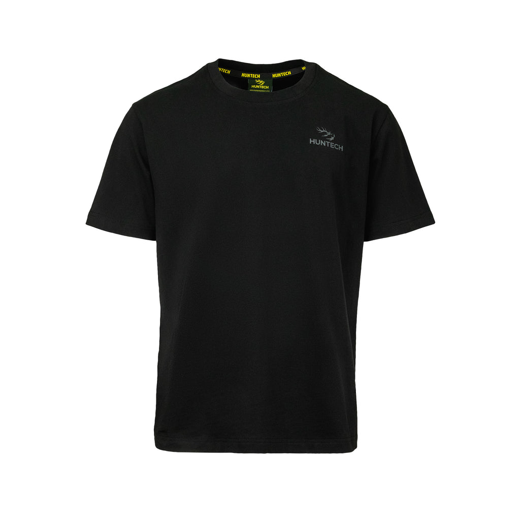 Front view of classic cotton tee in black 100% organic cotton with Huntech logo embroidered on left breast in grey cotton and branded tape on inside neck. Ships from Australia.