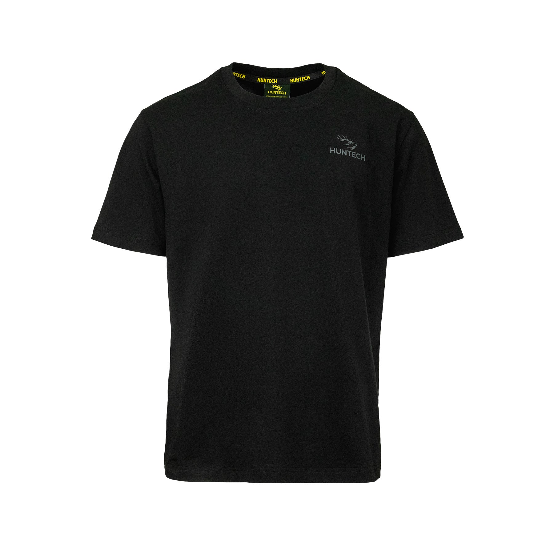 Front view of classic cotton tee in black 100% organic cotton with Huntech logo embroidered on left breast in grey cotton and branded tape on inside neck. Ships from Australia.