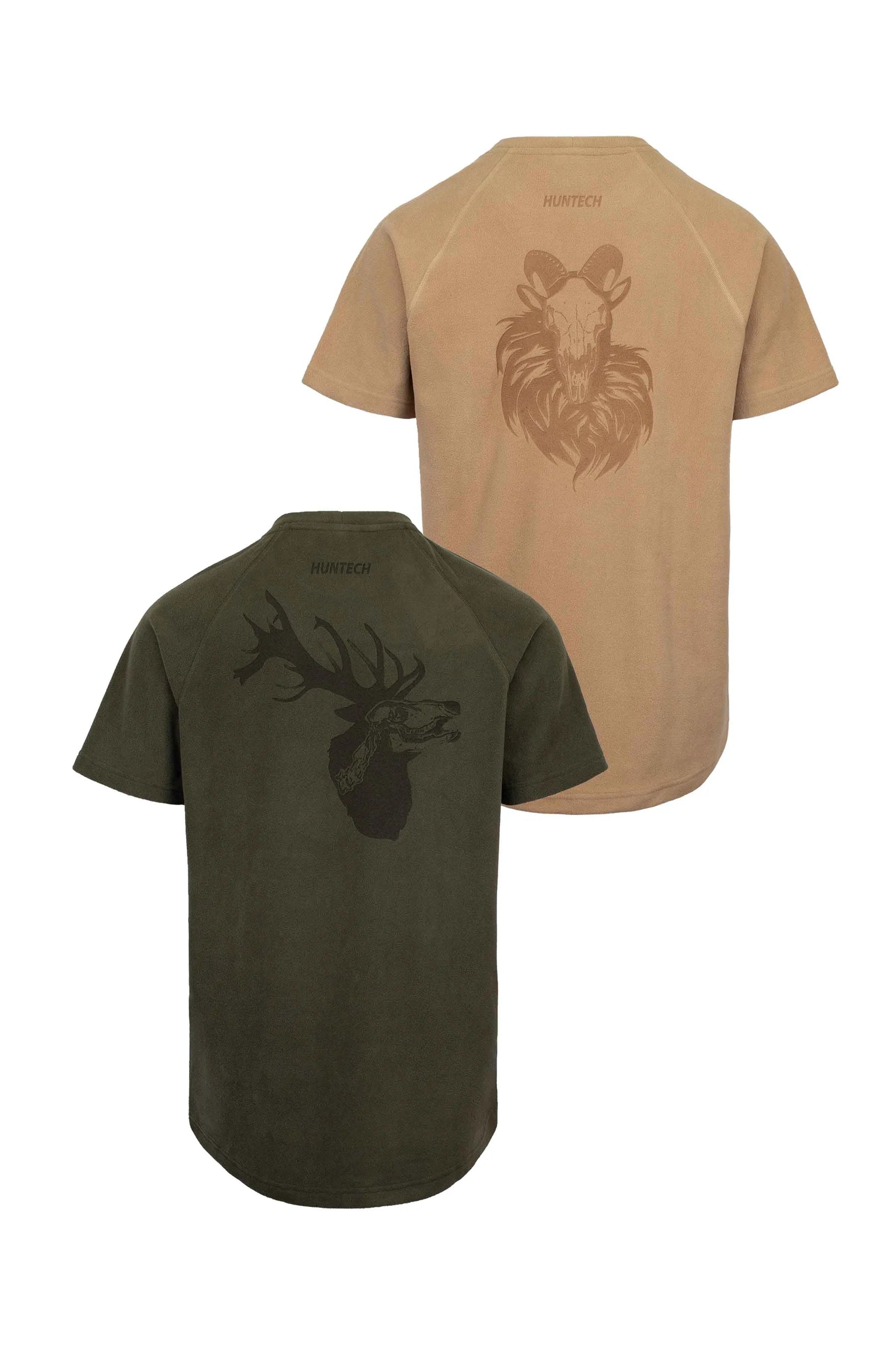 Image shows two crewneck fleece tees in high grade anti-pill 180 gsm fleece with laser etched design on back and cover stitch construction. Features short sleeves and longer back for warmth. Military green tee features stag head, while beige shirt features image of lion tahr. Ships from Australia.