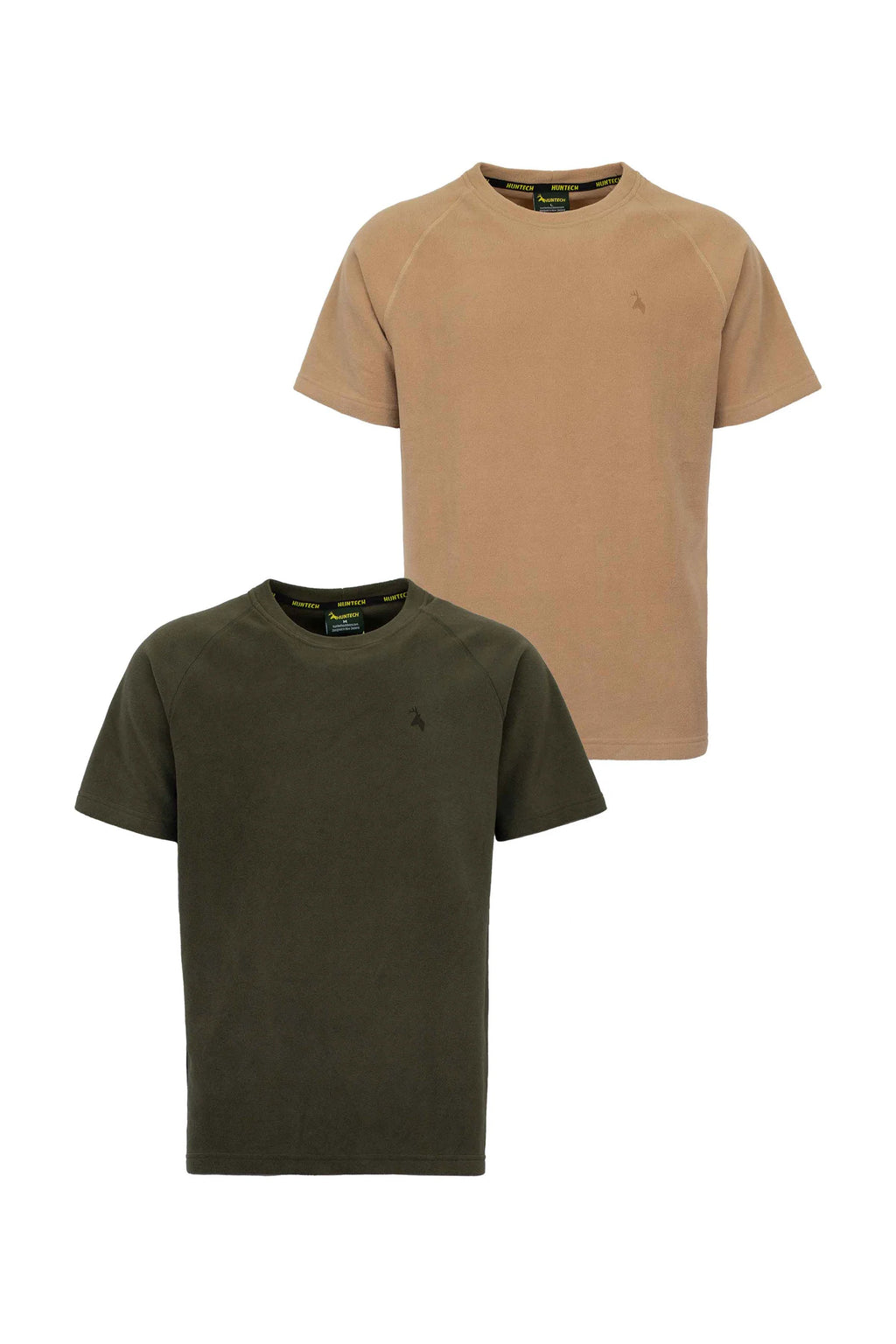 Image shows fronts of military green and beige crewneck fleece tees in high grade anti-pill 180 gsm fleece and cover stitch construction. Features short sleeves, a small stag head breast badge and a longer back for warmth. Ships from Australia.