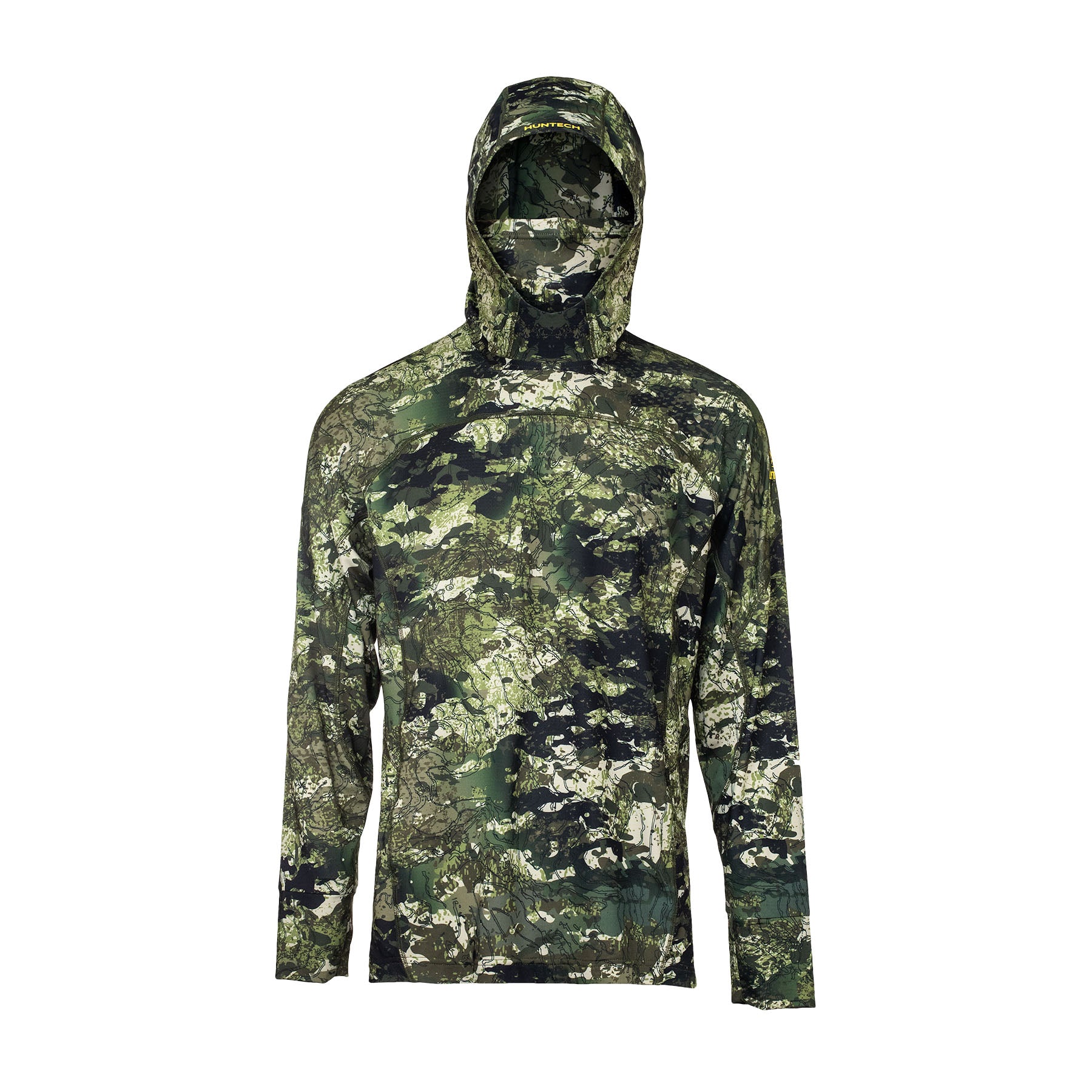 Men’s lightweight, moisture-wicking hunting top from recycled plastic waste with scent control. Comes with build-in neck gaiter and fully lined panelled hood. UPF 50+ rating with thumbhole sleeves and cover-stitched seams. Ships from Australia. Shown left to right in kakariki camo  pattern