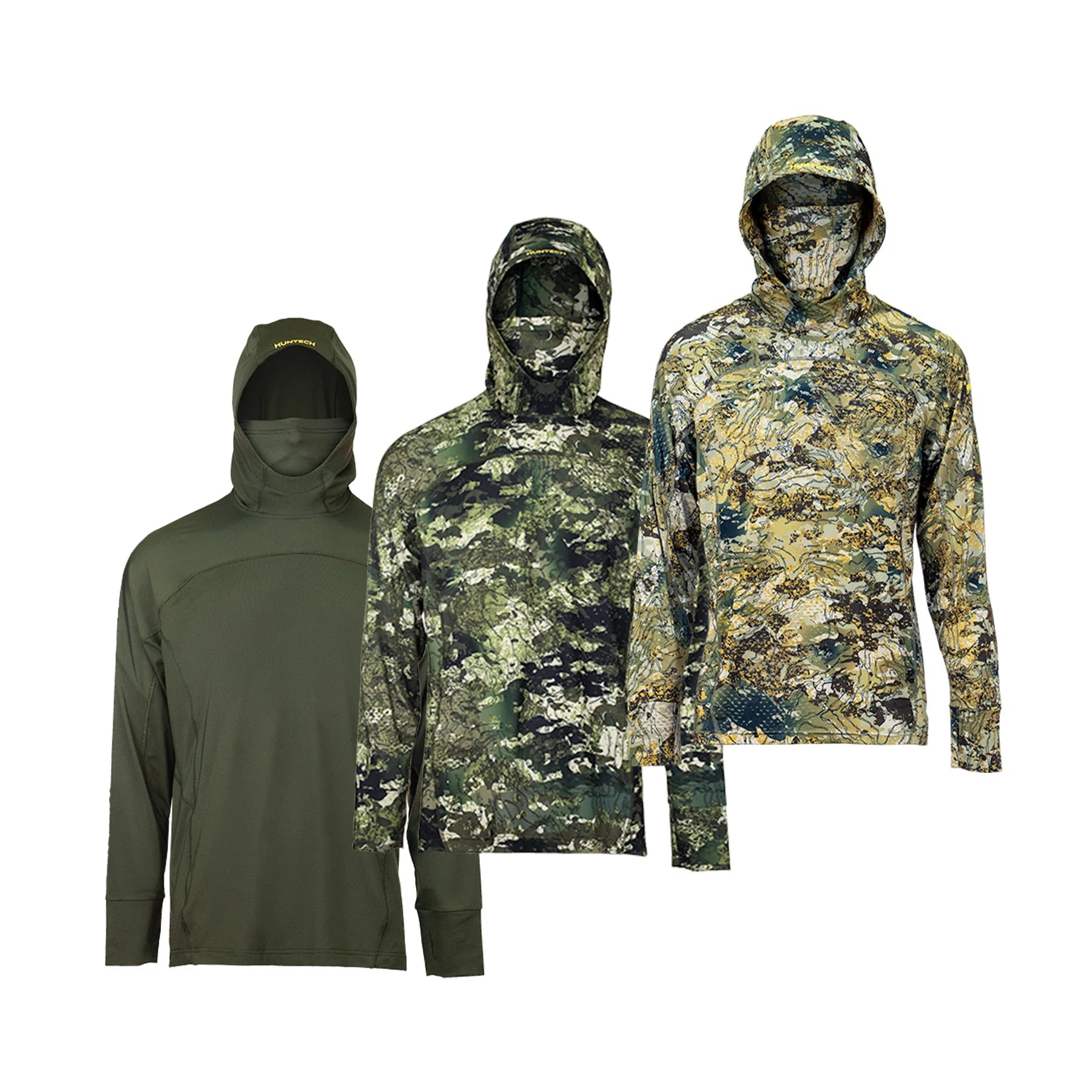 Three men’s lightweight, moisture-wicking hunting top from recycled plastic waste with scent control. Comes with build-in neck gaiter and fully lined panelled hood. UPF 50+ rating with thumbhole sleeves and cover-stitched seams. Ships from Australia. Shown left to right in military green, kakariki camo and high-country camo patterns.