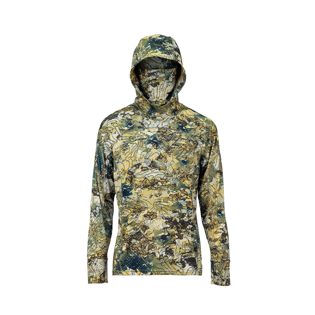 Men’s lightweight, moisture-wicking hunting top from recycled plastic waste with scent control. Comes with build-in neck gaiter and fully lined panelled hood. UPF 50+ rating with thumbhole sleeves and cover-stitched seams. Ships from Australia. Shown left to right in high country camo pattern.