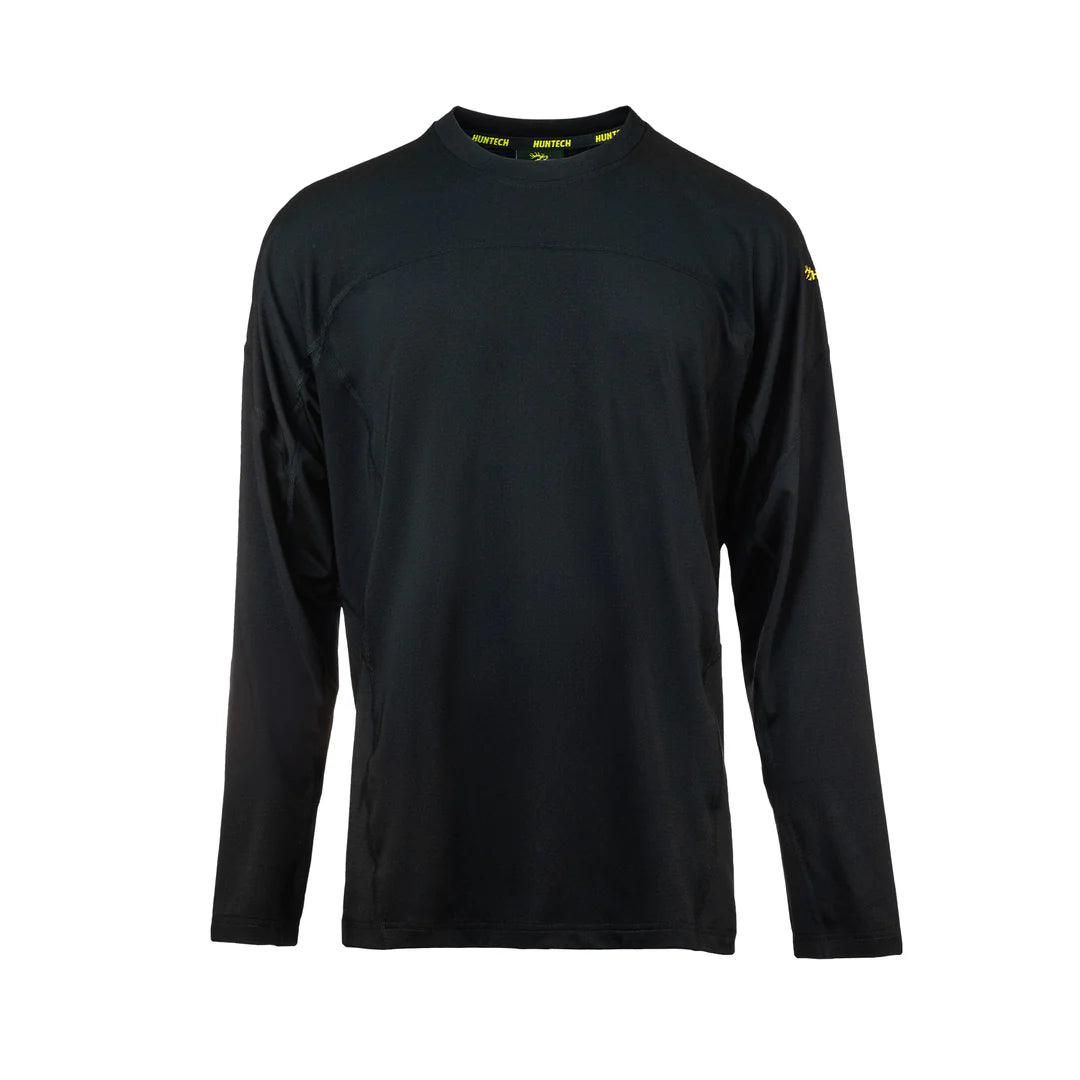 Men’s lightweight, moisture-wicking long sleeved top from recycled plastic waste with scent control. Suitable as a base layer, or long-sleeved tee, it comes with regulation mesh panels and cover-stitched seams. Ships from Australia. Shown in black.