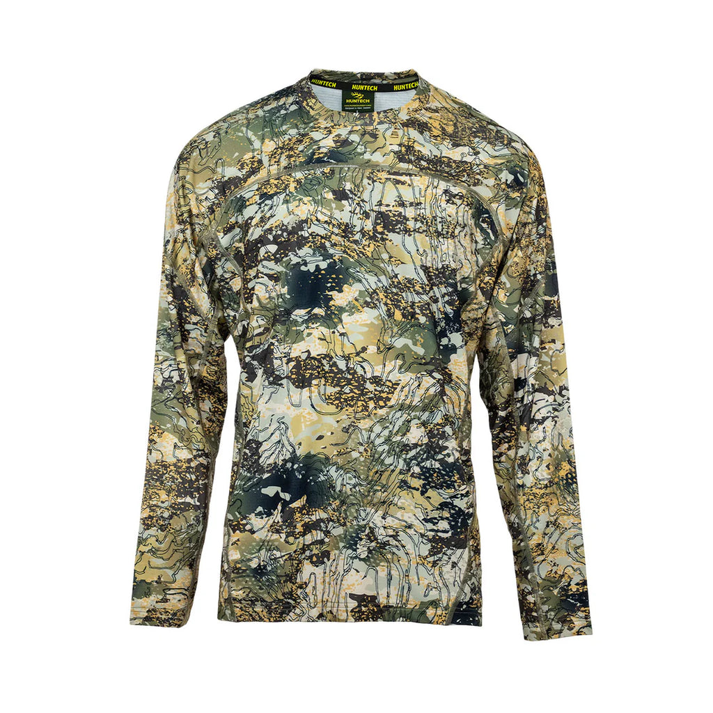 Men’s lightweight, moisture-wicking long sleeved top from recycled plastic waste with scent control. Suitable as a base layer, or long-sleeved tee, it comes with regulation mesh panels and cover-stitched seams. Ships from Australia. Shown in high-country camo pattern.