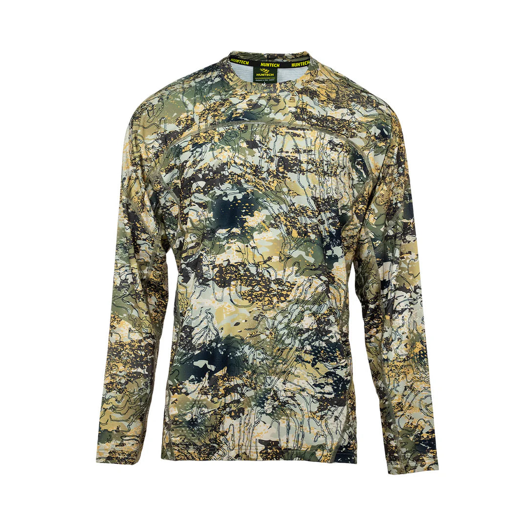 Men’s lightweight, moisture-wicking long sleeved top from recycled plastic waste with scent control. Suitable as a base layer, or long-sleeved tee, it comes with regulation mesh panels and cover-stitched seams. Ships from Australia. Shown in high-country camo pattern.