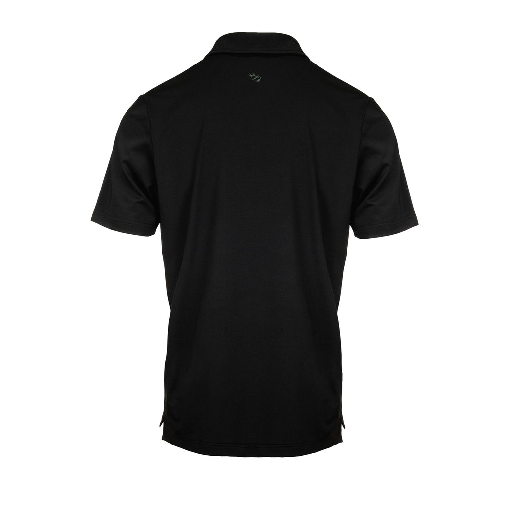 Rear image of men’s lightweight, moisture-wicking short-sleeved polo shirt from recycled plastic waste with scent control. Ships from Australia. Shown in black with Huntech stags head logo just below collar.