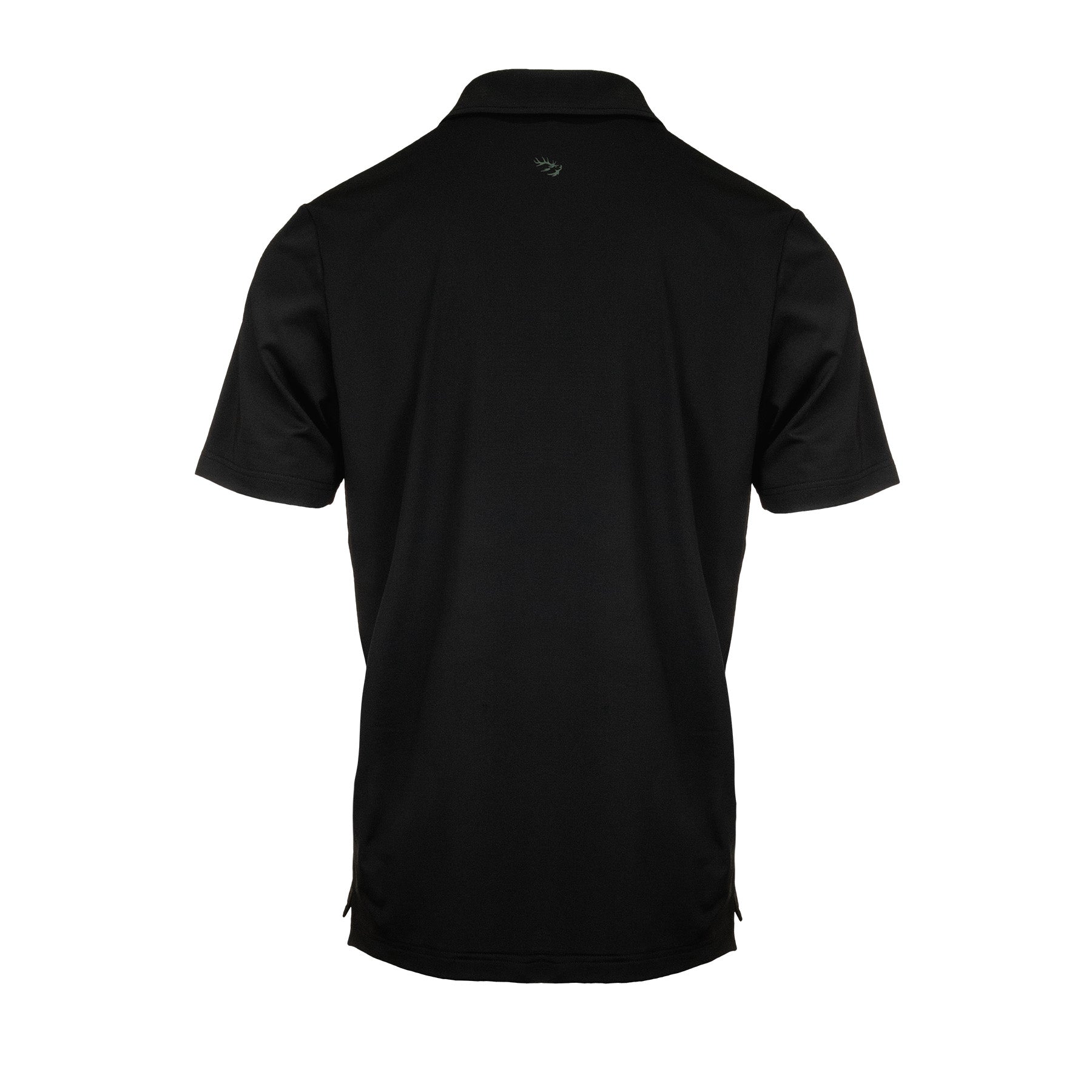 Rear image of men’s lightweight, moisture-wicking short-sleeved polo shirt from recycled plastic waste with scent control. Ships from Australia. Shown in black with Huntech stags head logo just below collar.
