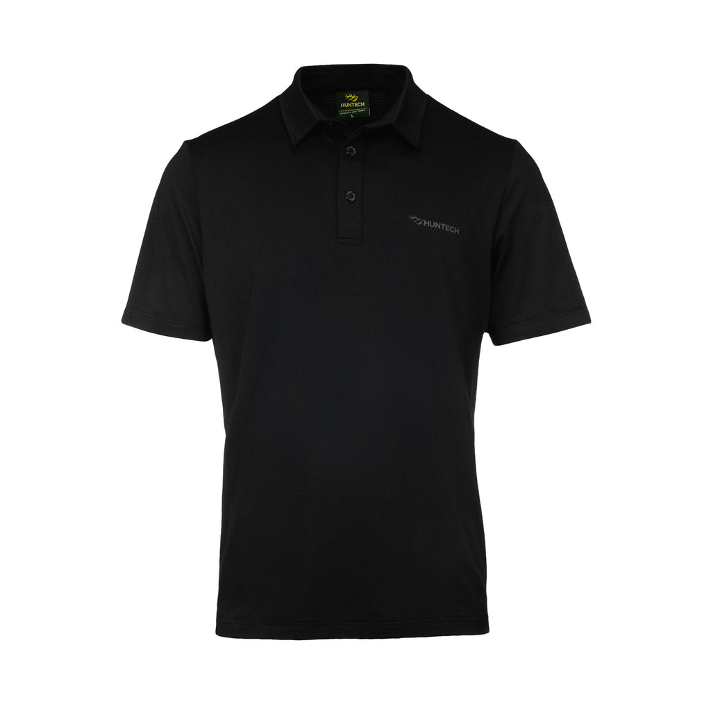 Front image of men’s lightweight, moisture-wicking short-sleeved polo shirt from recycled plastic waste with scent control. Button closure at neck with Huntech logo on left breast. Ships from Australia. Shown in black