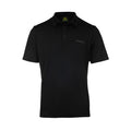Front image of men’s lightweight, moisture-wicking short-sleeved polo shirt from recycled plastic waste with scent control. Button closure at neck with Huntech logo on left breast. Ships from Australia. Shown in black