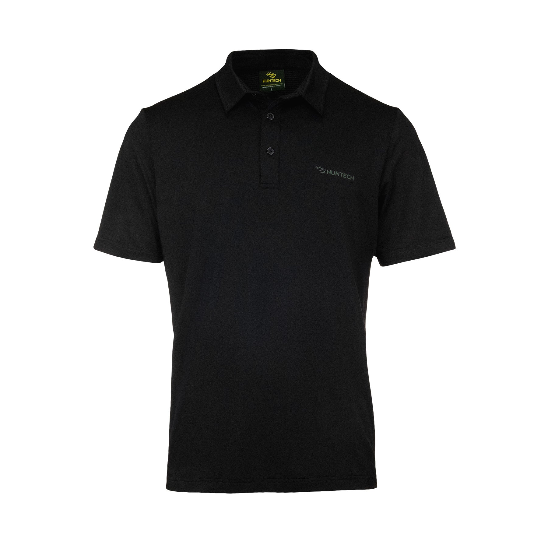 Front image of men’s lightweight, moisture-wicking short-sleeved polo shirt from recycled plastic waste with scent control. Button closure at neck with Huntech logo on left breast. Ships from Australia. Shown in black