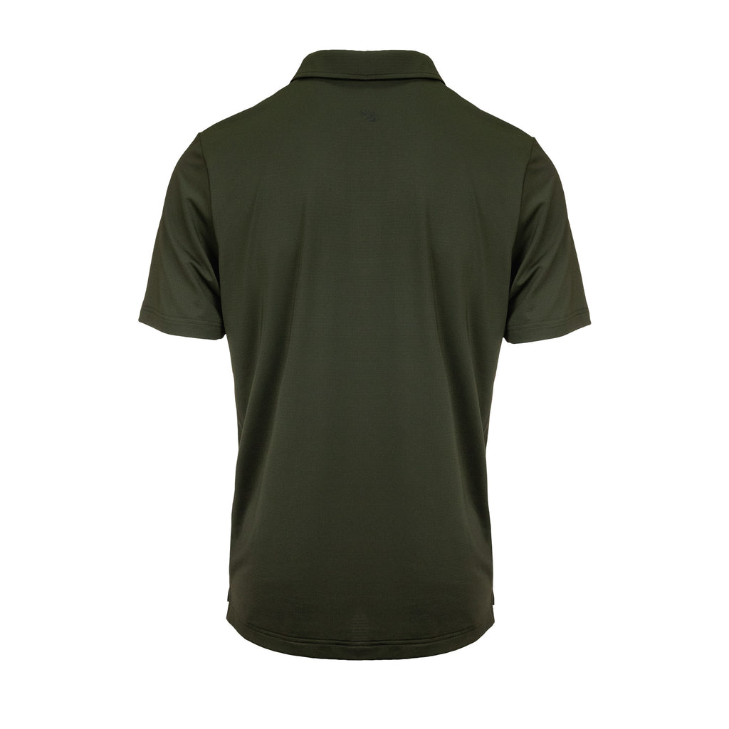 Rear image of men’s lightweight, moisture-wicking short-sleeved polo shirt from recycled plastic waste with scent control. Ships from Australia. Shown in military green.