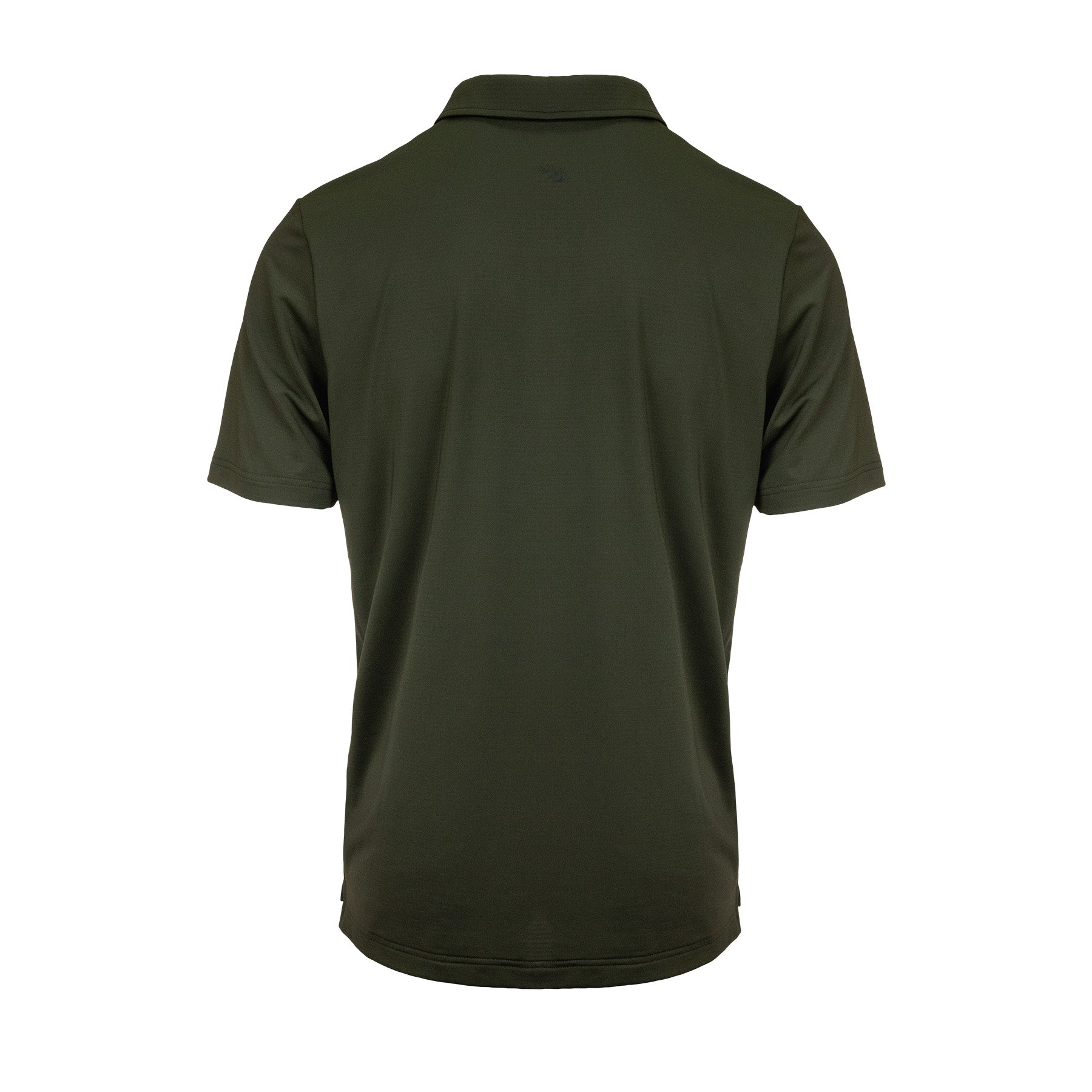 Rear image of men’s lightweight, moisture-wicking short-sleeved polo shirt from recycled plastic waste with scent control. Ships from Australia. Shown in military green.