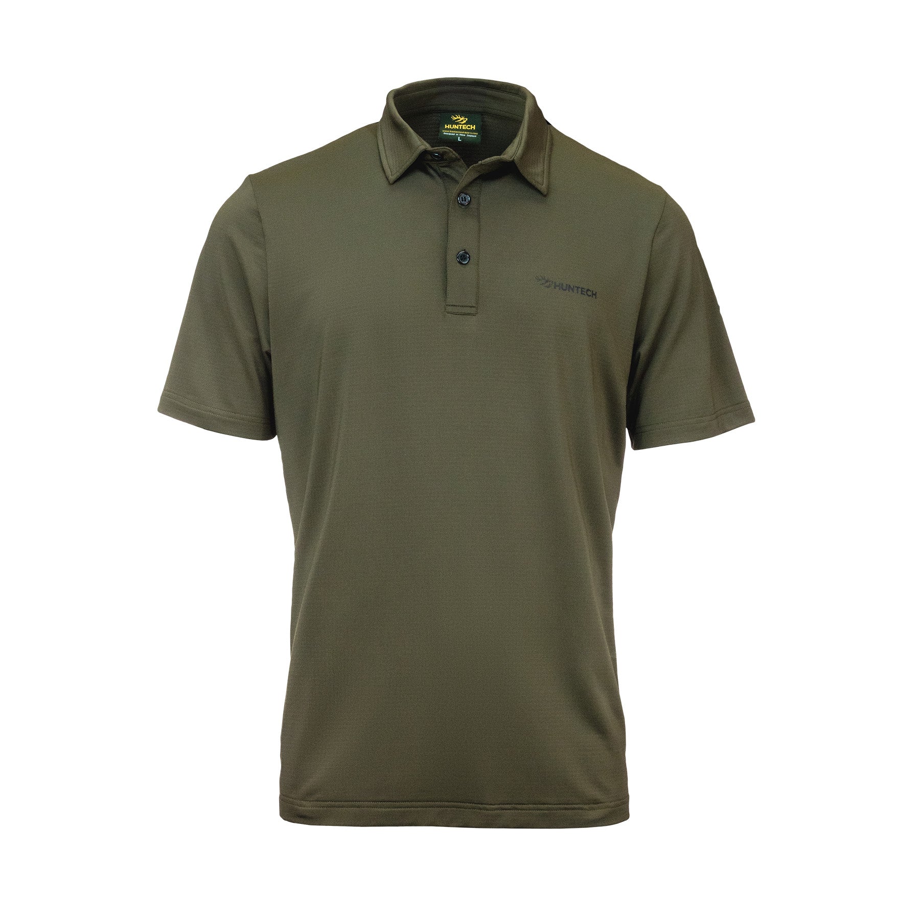 Front image of men’s lightweight, moisture-wicking short-sleeved polo shirt from recycled plastic waste with scent control. Button closure at neck with Huntech logo on left breast. Ships from Australia. Shown in military green.