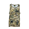 Front image of men’s lightweight, moisture-wicking singlet made from recycled plastic waste with scent control. Constructed using a cover stitch and featuring the Huntech logo at front, bottom left hem in yellow. Ships from Australia. Shown in high-country camo.