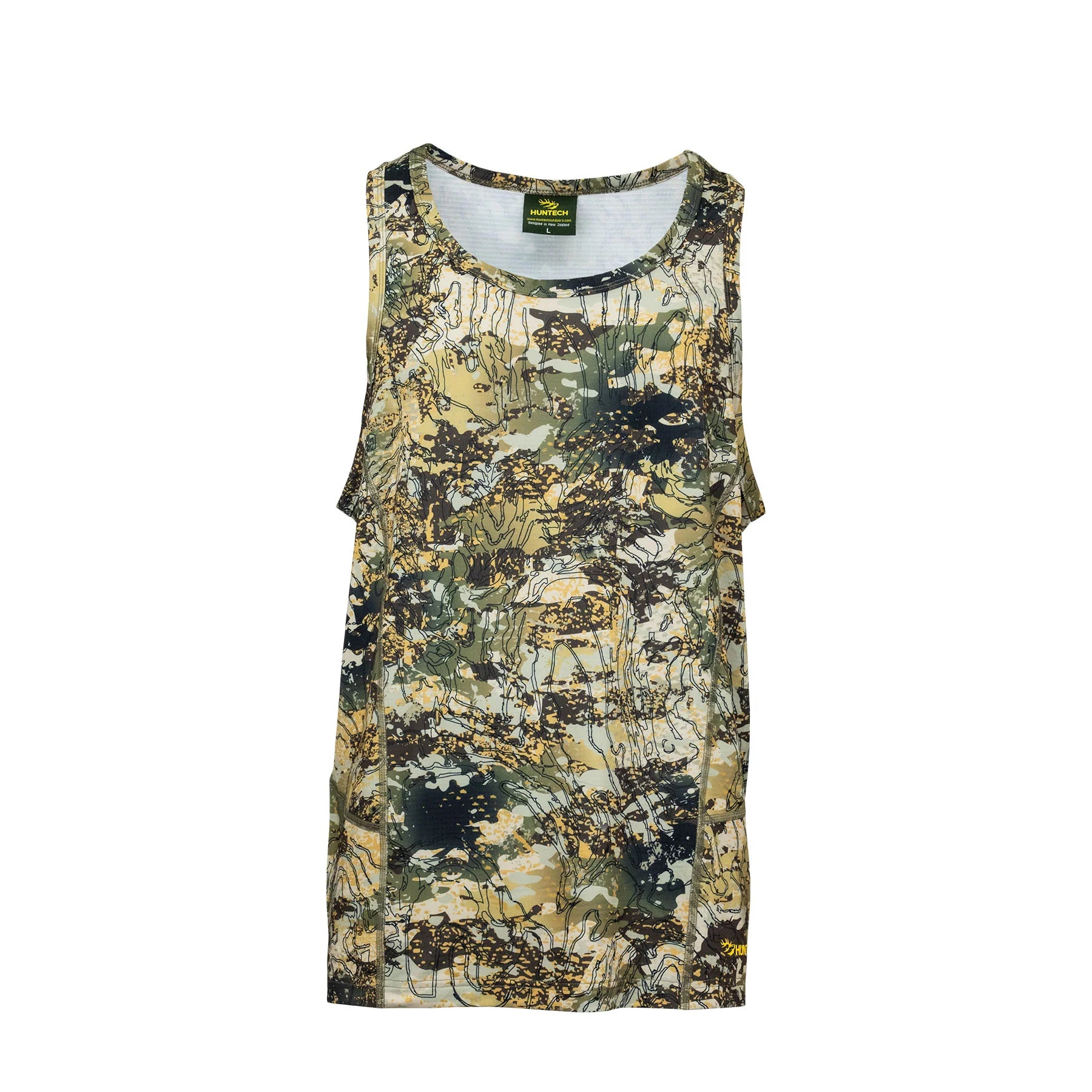 Front image of men’s lightweight, moisture-wicking singlet made from recycled plastic waste with scent control. Constructed using a cover stitch and featuring the Huntech logo at front, bottom left hem in yellow. Ships from Australia. Shown in high-country camo.