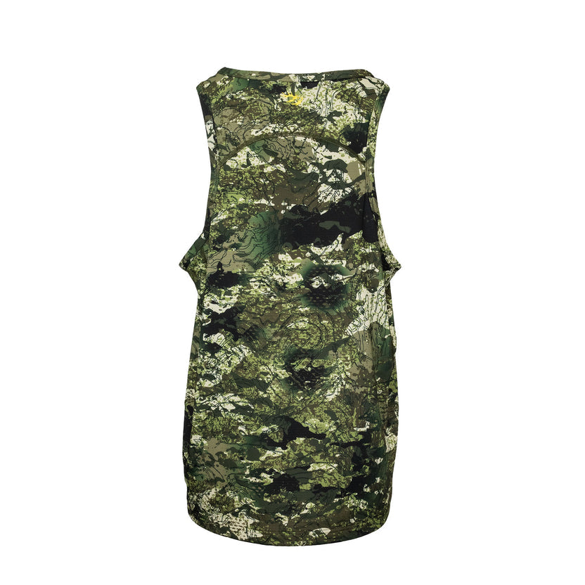 Back image of men’s lightweight, moisture-wicking singlet made from recycled plastic waste with scent control. Constructed using a cover stitch and featuring the Huntech stags head logo at neckline in yellow. Ships from Australia. Shown in kakariki.
