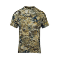Front image of men’s lightweight, moisture-wicking tee made from recycled plastic waste with scent control and regulation panels. Constructed using a cover stitch and featuring the Huntech logo at hem on left sleeve. Ships from Australia. Shown in high-country camo pattern.