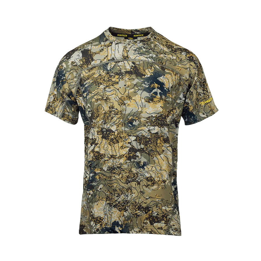 Front image of men’s lightweight, moisture-wicking tee made from recycled plastic waste with scent control and regulation panels. Constructed using a cover stitch and featuring the Huntech logo at hem on left sleeve. Ships from Australia. Shown in high-country camo pattern.
